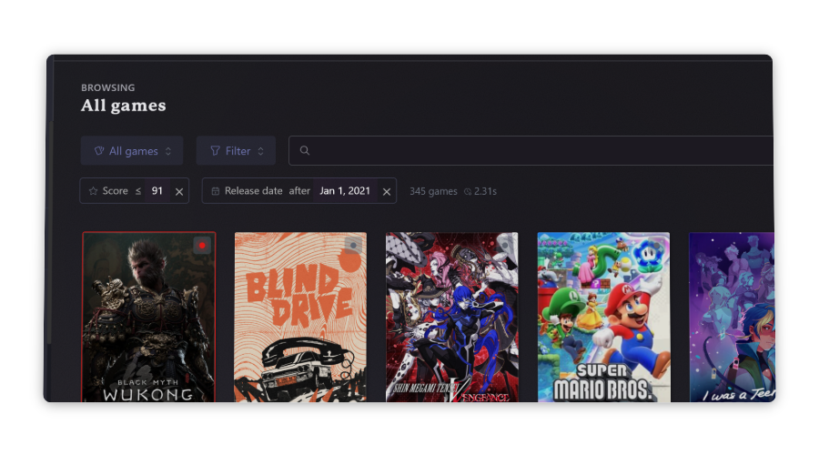 Power search and filter your games